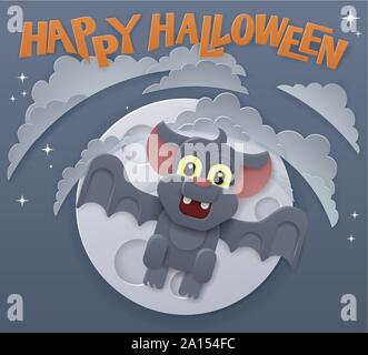 Halloween Cute Vampire Bat Flying In Front of Moon Stock Vector