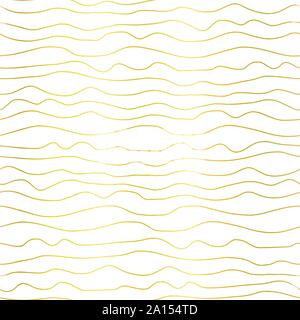 Gold foil wavy stripes seamless vector pattern. Hand drawn metallic golden background doodle lines waves. Geometric elegant abstract repeating Stock Vector