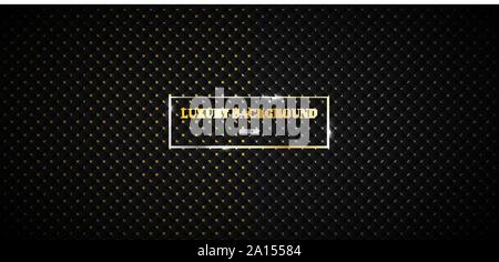Abstract luxury style black geometric squares pattern design with golden and silver dots on dark background. Luxurious texture. Carbon metallic surfac Stock Vector