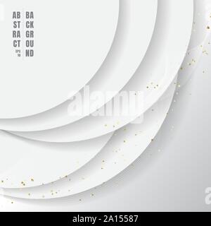 Abstract white circles overlapping with wave lines and dot gold glitter on gray background. Vector illustration Stock Vector