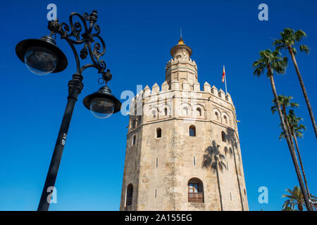 Seville Torre del Oro, view of the Moorish Torre del Oro Tower of Gold in the old city quarter of Sevilla , Andalucia, Spain. Stock Photo