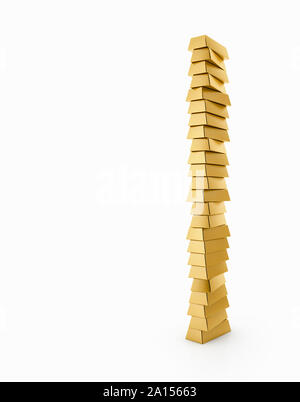 Tall stack of gold bars ingots on a white background