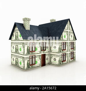 Money house made of dollars, US paper currency – large detached property Stock Photo