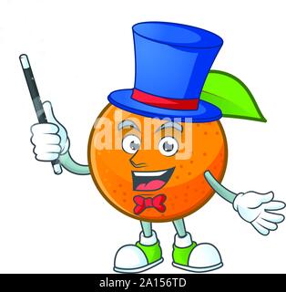 Magician orange fruit cartoon mascot on white background. Stock Vector