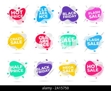 12 Modern liquid abstract flash sale, clearance, black friday, etc. text set flat style design fluid amoeba color vector illustration banners or flyer Stock Vector