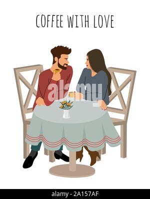 Young girl and a guy are drinking hot coffee in a cafe. Cute isolated vector illustration of a couple in love sitting at the table and talking. Stock Vector