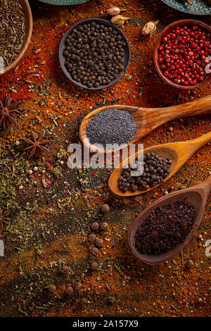 Spices and condiments for cooking, flat lay composition Stock Photo