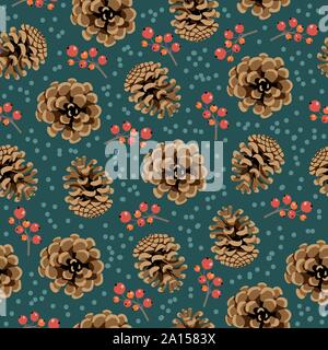 Christmas and Happy New Year seamless pattern. Endless cartoon vector with pinecone and berries. Stock Vector