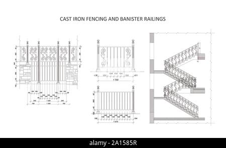 Vector illustration of cast iron fencing and banister railings architectural plan Stock Vector