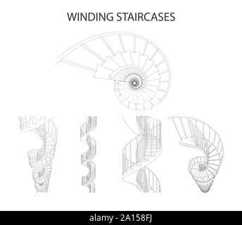 Vector set of 3d spiral winding staircases Stock Vector