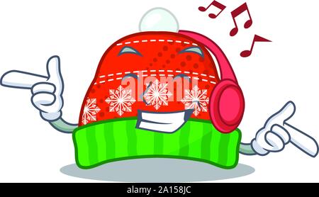 Listening music winter hat in a cartoon bag Stock Vector
