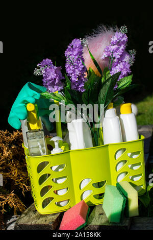 Nature and eco friendly homemade natural cleaners, washing sponges for cleaning home, non toxic cleaning products, isolated on black background, copy Stock Photo