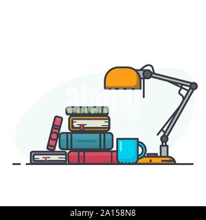 Reading and learning with books with table lamp. Pile of books and magazines. Flat style, thick and thin line design concept art. Color books, educati Stock Vector