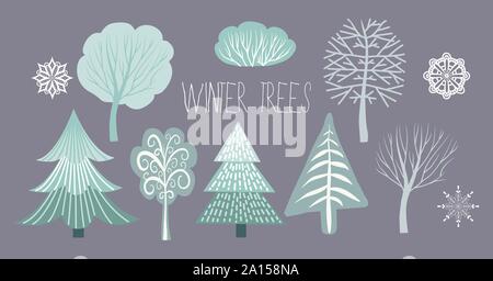 Bundle of isolated designer elements for Christmas and New year - winter trees and bushes. Cute flat vector illustration. Stock Vector