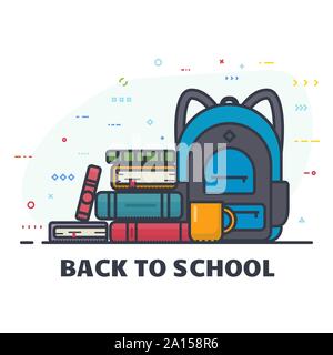 Back to school banner. School backpack with pile of books. Backpack for student and education. Education and study back to school back pack. Schoolbag Stock Vector