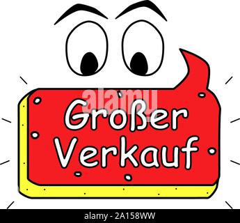 Big sale. German, text icon, poster. Color element logo illustration, comic badge. Web sticker, eyes, banner. Stock Vector