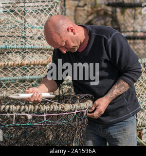 A man repairing a lobster net in Kingswear, Devon, UK Stock Photo