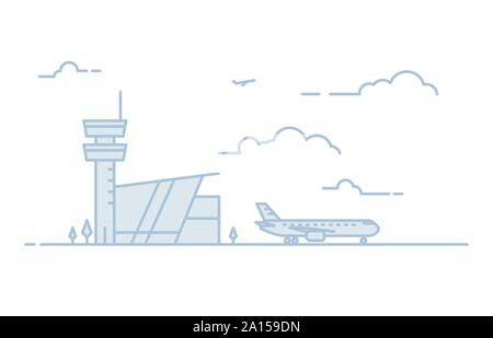 National airport line illustration. Big passenger airplane and airport building with tower on background. Sky with clouds. Linear modern, trendy vecto Stock Vector