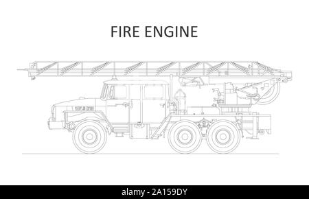Classic cartoon hand drawn detailed fire engine / fire truck, profile view. Vector illustration Stock Vector