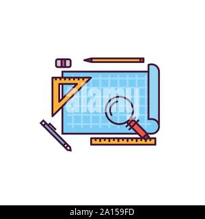 Blueprint and architect workspace vector icon. Blue paper with ruler and pen. Line style, pixel perfect vector illustration. Architect or app developm Stock Vector