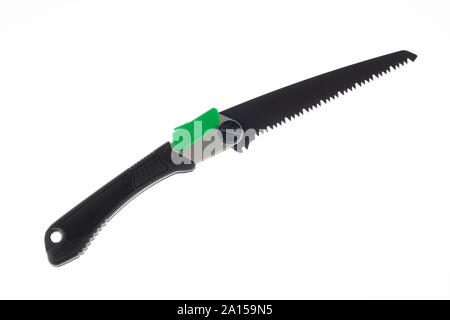 Folding portable handsaw isolated on white Stock Photo