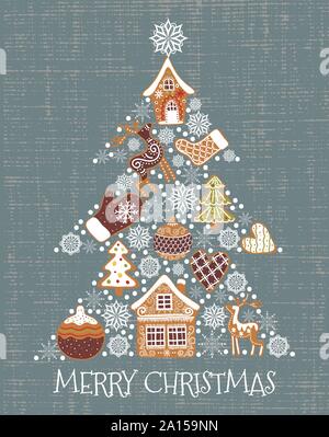 Merry christmas. Cute vector illustration of a christmas tree shaped gingerbread and snowflakes. Freehand drawing Stock Vector