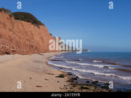 The famous Jurassic Coast red cliffs at Sidmouth, Devon, England. Looking East from Sidmouth Beach. No people. Stock Photo