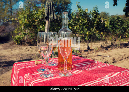 One bottle of white wine and four glasses on a table in vineyard. Selective focus Stock Photo