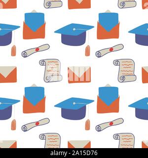 Cartoon seamless pattern with blue bachelor hat, manuscript on white background. Diploma illustration. Vector vintage pattern. Graduate academic cap. Education, academic degree. Stock Vector