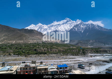 Overview of Jomsom and its airport, Lower Mustang, Nepal Stock Photo