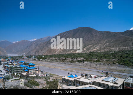 Overview of Jomsom and its airport, Lower Mustang, Nepal Stock Photo