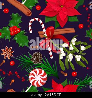 Christmas seamless pattern. Decoration with fir tree, holly berry, mistletoe, candy cane, poinsettia, cloves on dark purple Stock Vector