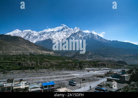 Overview of Jomsom and its airport, Lower Mustang, Nepal Stock Photo