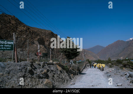 Delivering cargoes by horses. Jomsom, Lower Mustang, Nepal Stock Photo