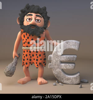 3d cartoon prehistoric caveman character has carved a Euro currency symbol in rock, 3d illustration Stock Photo