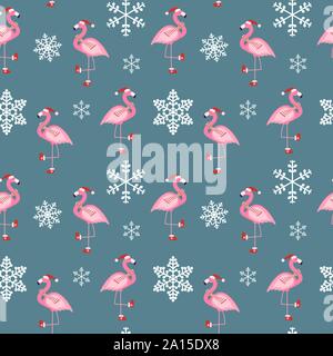 Cute Pink Flamingo New Year and Christmas Seamless Pattern Background Vector Illustration Stock Vector