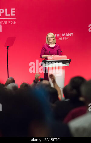 Labour Party Annual Conference 2019, Brighton Centre, Brighton, England, UK. 24th. September, 2019. Rebecca Long-Bailey M.P. Shadow Secretary of State for Business, Energy and Industrial Strategy speaking about The Environment, Energy and Culture at the Labour Party Annual Conference 2019 Credit: Alan Beastall/Alamy Live News. Stock Photo