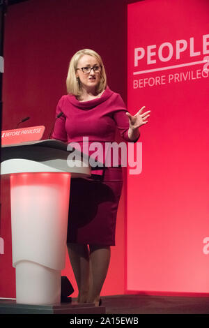 Labour Party Annual Conference 2019, Brighton Centre, Brighton, England, UK. 24th. September, 2019. Rebecca Long-Bailey M.P. Shadow Secretary of State for Business, Energy and Industrial Strategy speaking about The Environment, Energy and Culture at the Labour Party Annual Conference 2019 Credit: Alan Beastall/Alamy Live News. Stock Photo