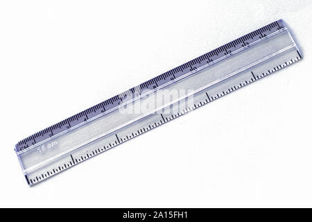 School measuring plastic ruler 15 centimeter in blue color Stock Photo
