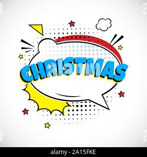 Comic Lettering Christmas In The Speech Bubbles Comic Style Flat Design. Dynamic Pop Art Vector Illustration Isolated On White Background. Exclamation Stock Vector
