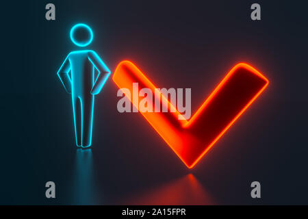 The 3d man next to the check mark. The concept of the completed task. 3d rendering Stock Photo