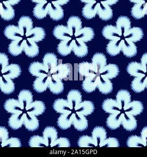 seamless vector pattern with simple embroidered flowers in indigo blue Stock Vector