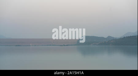 Tarbela Lake and Tarbela Dam wall from a distance Stock Photo