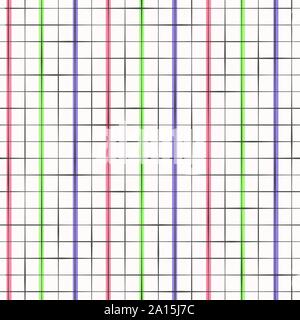 Classic black hand drawn grid with a modern twist featuring purple, red and green stripes. Seamless geometric vector pattern on white background Stock Vector