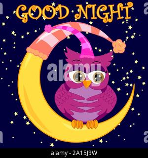 A sweet cartoon pink owl in a sleeping cap relaxes sitting on a sleeping sickle of the moon among a dark night sky and stars Stock Vector