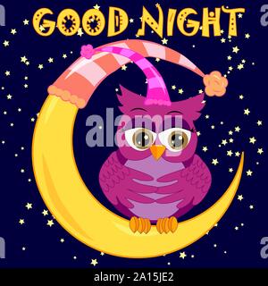 A sweet cartoon pink owl in a sleeping cap relaxes sitting on a sleeping sickle of the moon among a dark night sky and stars Stock Vector