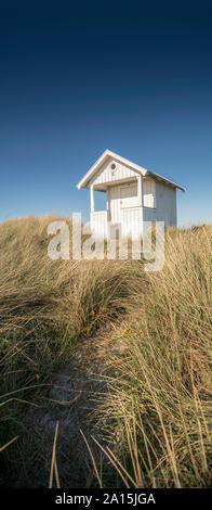 Beach hut and sand dunes at the beach at Skanor, Skane, Sweden, Scandinavia Stock Photo