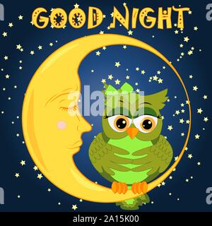 A sweet cartoon pink owl in a sleeping cap relaxes sitting on a sleeping sickle of the moon among a dark night sky and stars Stock Vector