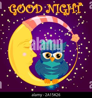 A sweet cartoon pink owl in a sleeping cap relaxes sitting on a sleeping sickle of the moon among a dark night sky and stars Stock Vector