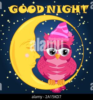 A sweet cartoon pink owl in a sleeping cap relaxes sitting on a sleeping sickle of the moon among a dark night sky and stars Stock Vector